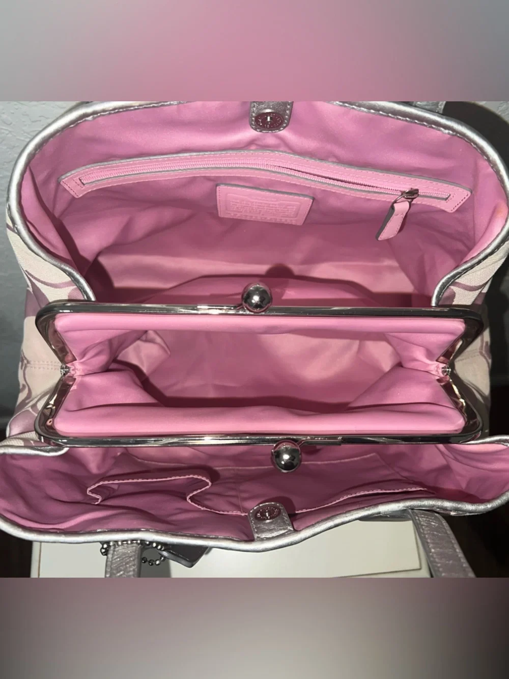 Coach Pink Signature Stripe Shoulder Handbag with Silver Trim - Picture 3 of 10